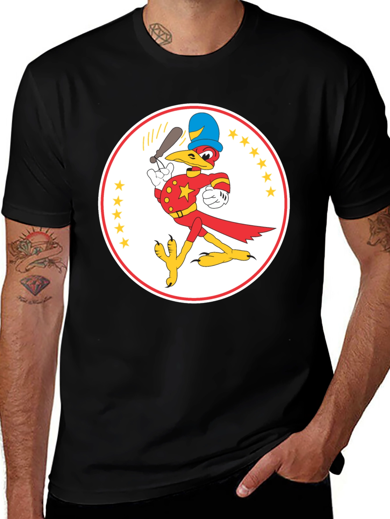 Variant 30 of Cartoon Bird Baseball Player Black T-Shirt