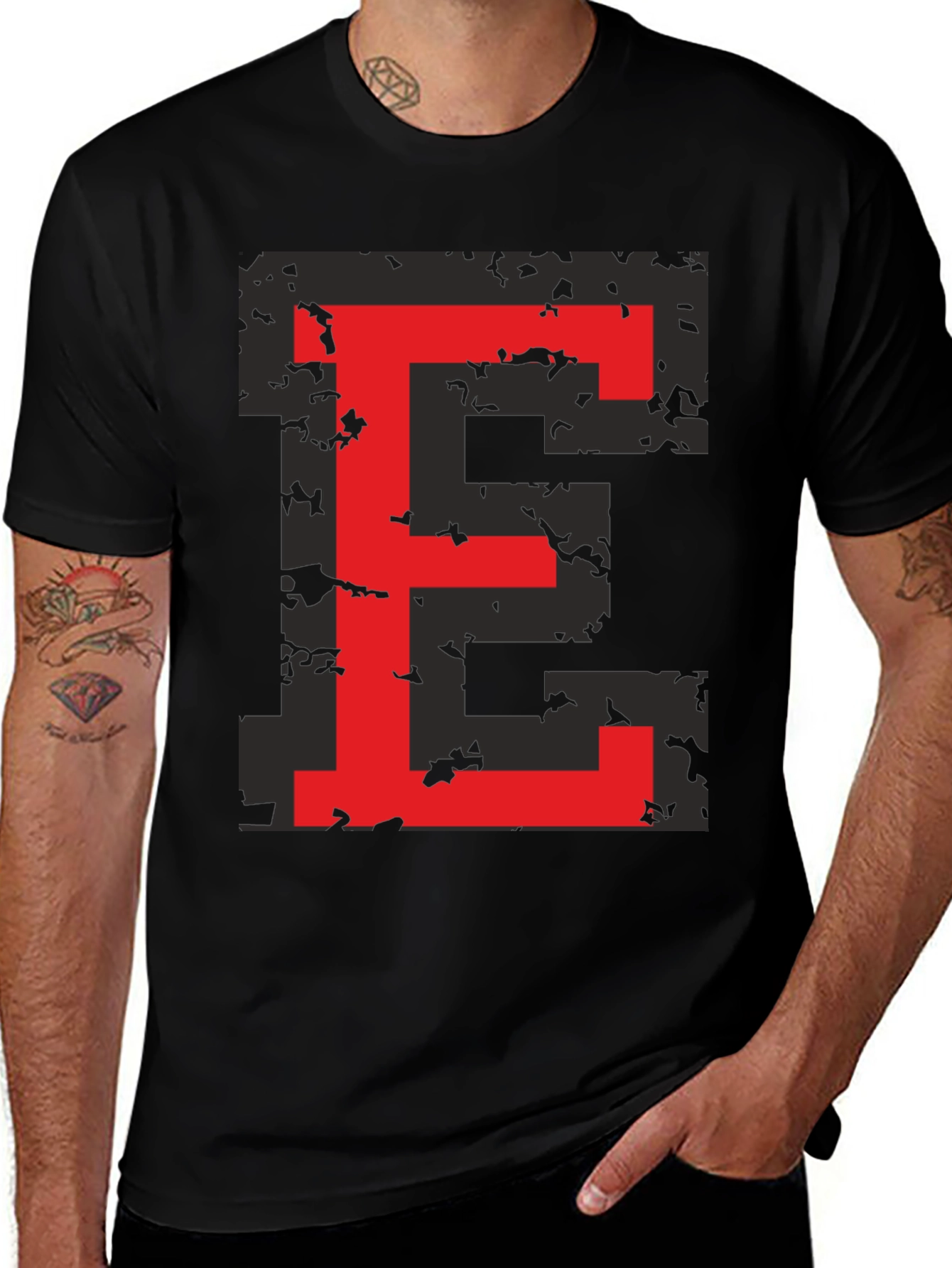 Red Pixel E Graphic Black T-Shirt