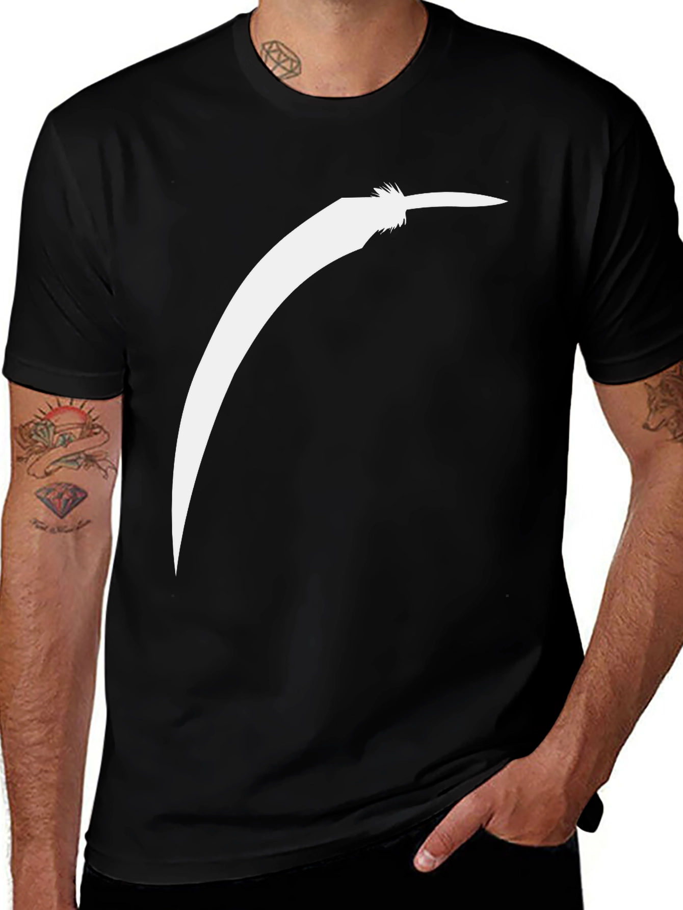 Variant 14 of Stylish Black Tee with White Feather Design