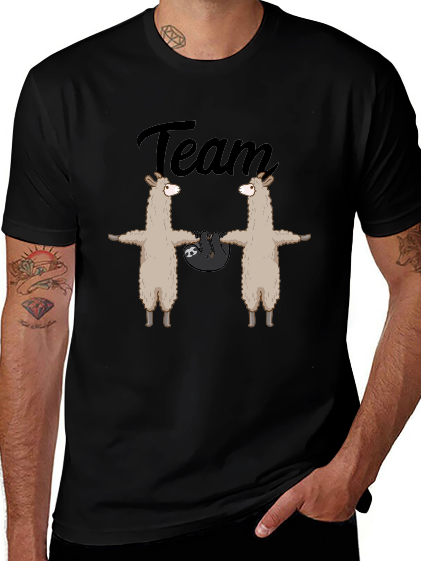 Variant 3 of Team Llama Sloth T-Shirt - Black Crew Neck Tee