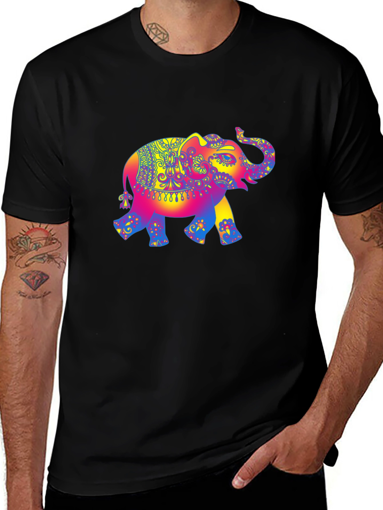 Variant 24 of Psychedelic Elephant Graphic Tee - Black Cotton T-Shirt