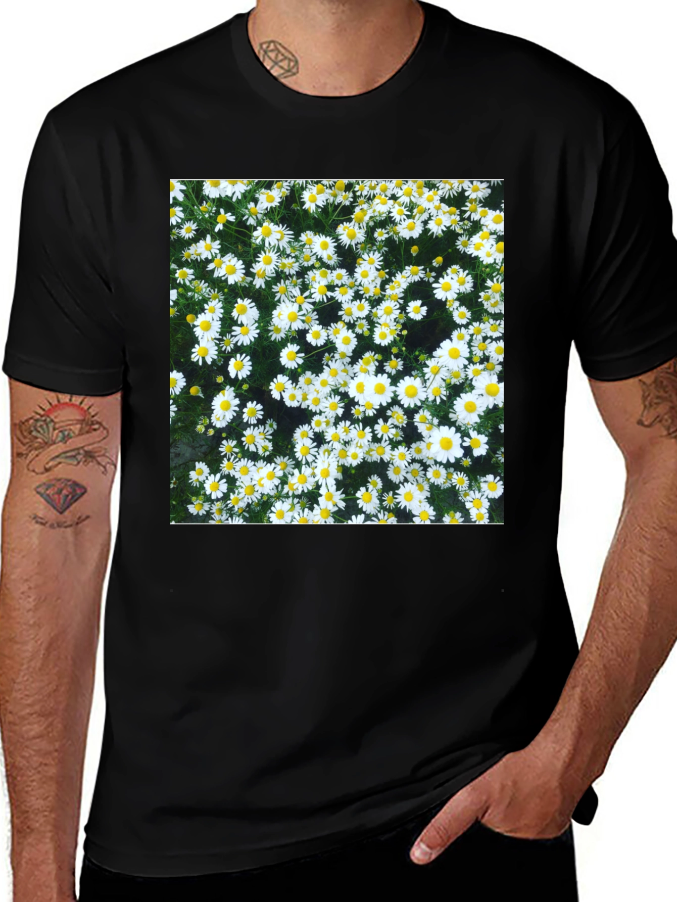 Variant 13 of Daisy Print Black T-Shirt - Floral Pattern Tee