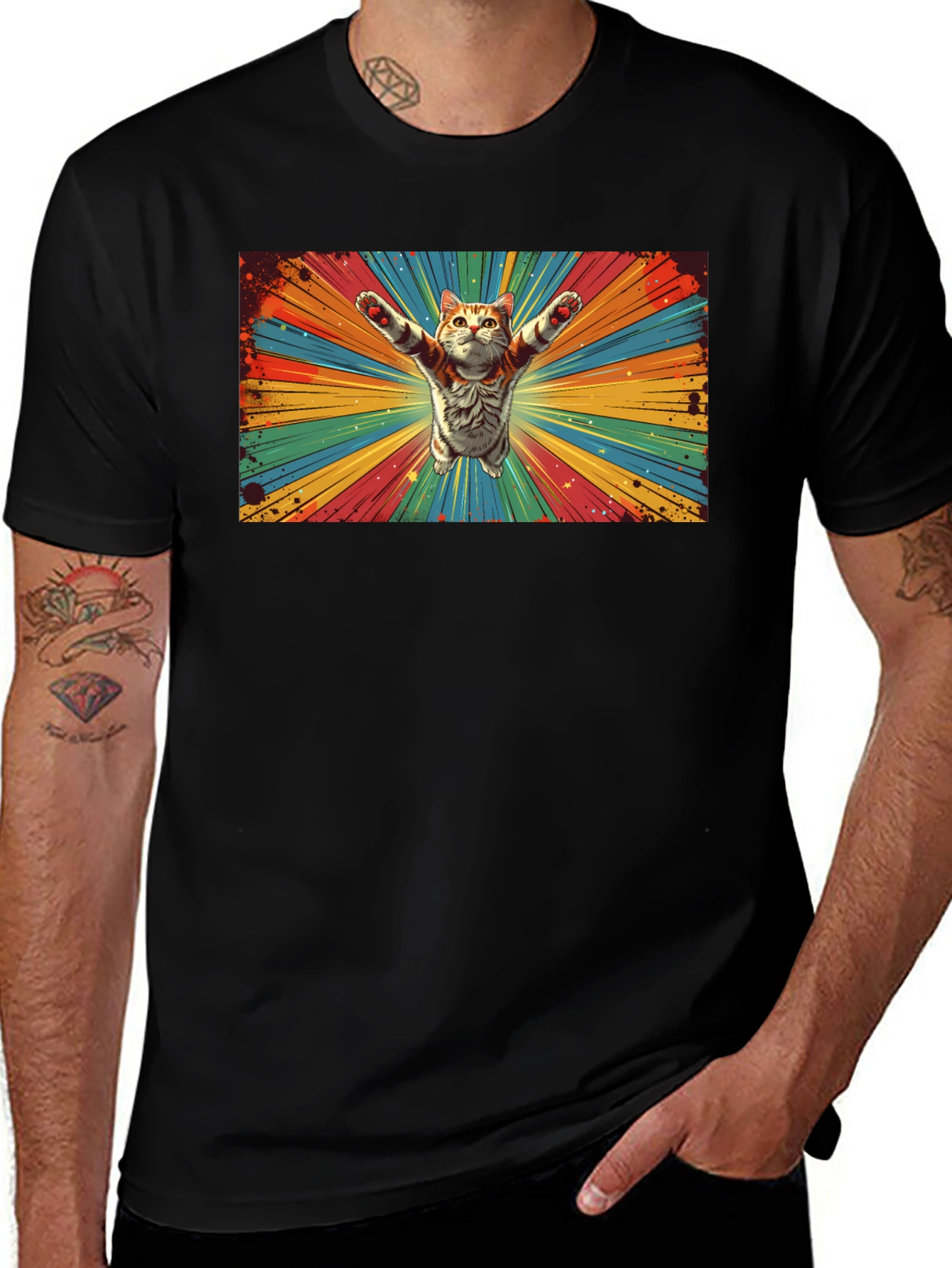 Variant 8 of Psychedelic Cat Graphic Tee - Men's Black T-Shirt