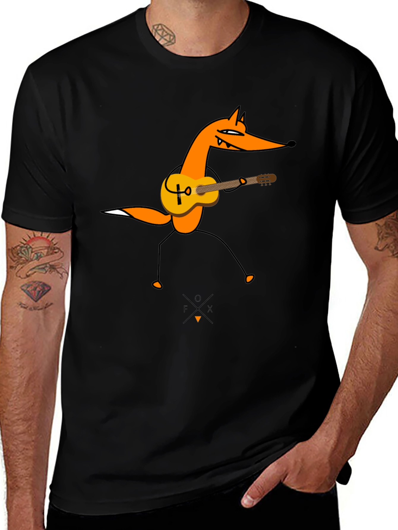 Black Guitar Fox Graphic Tee - Black Cotton T-Shirt main image