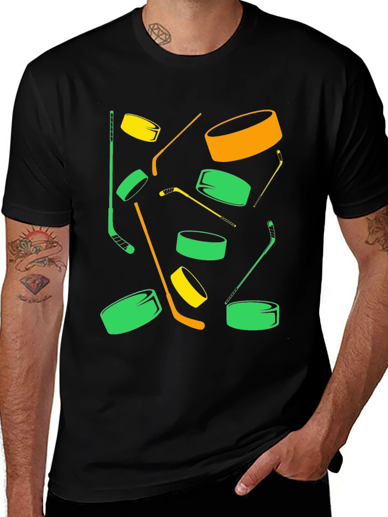 Black Hockey Puck & Stick Graphic Tee - Cool Sportswear main image