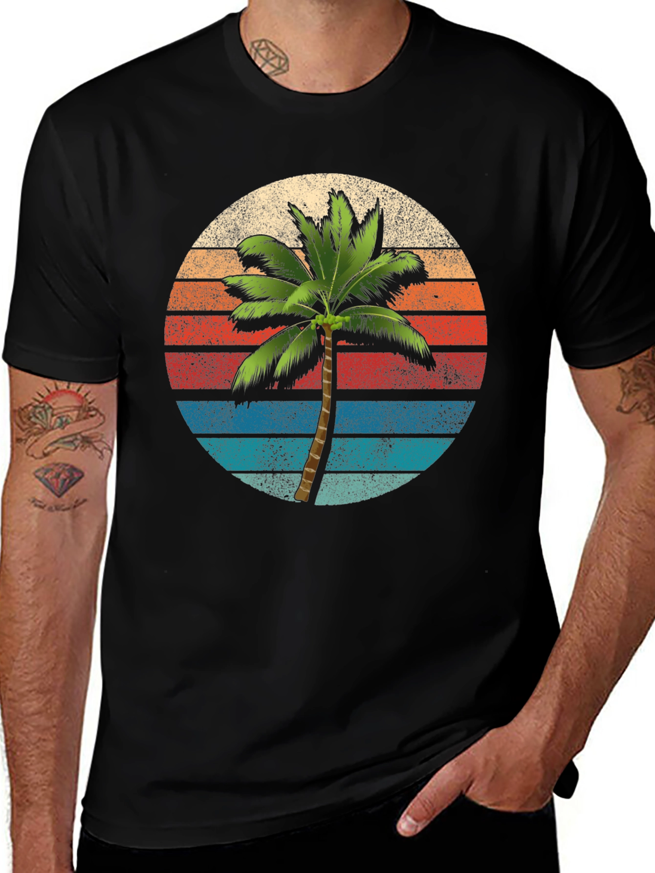 Black Retro Palm Tree Sunset T-Shirt main image