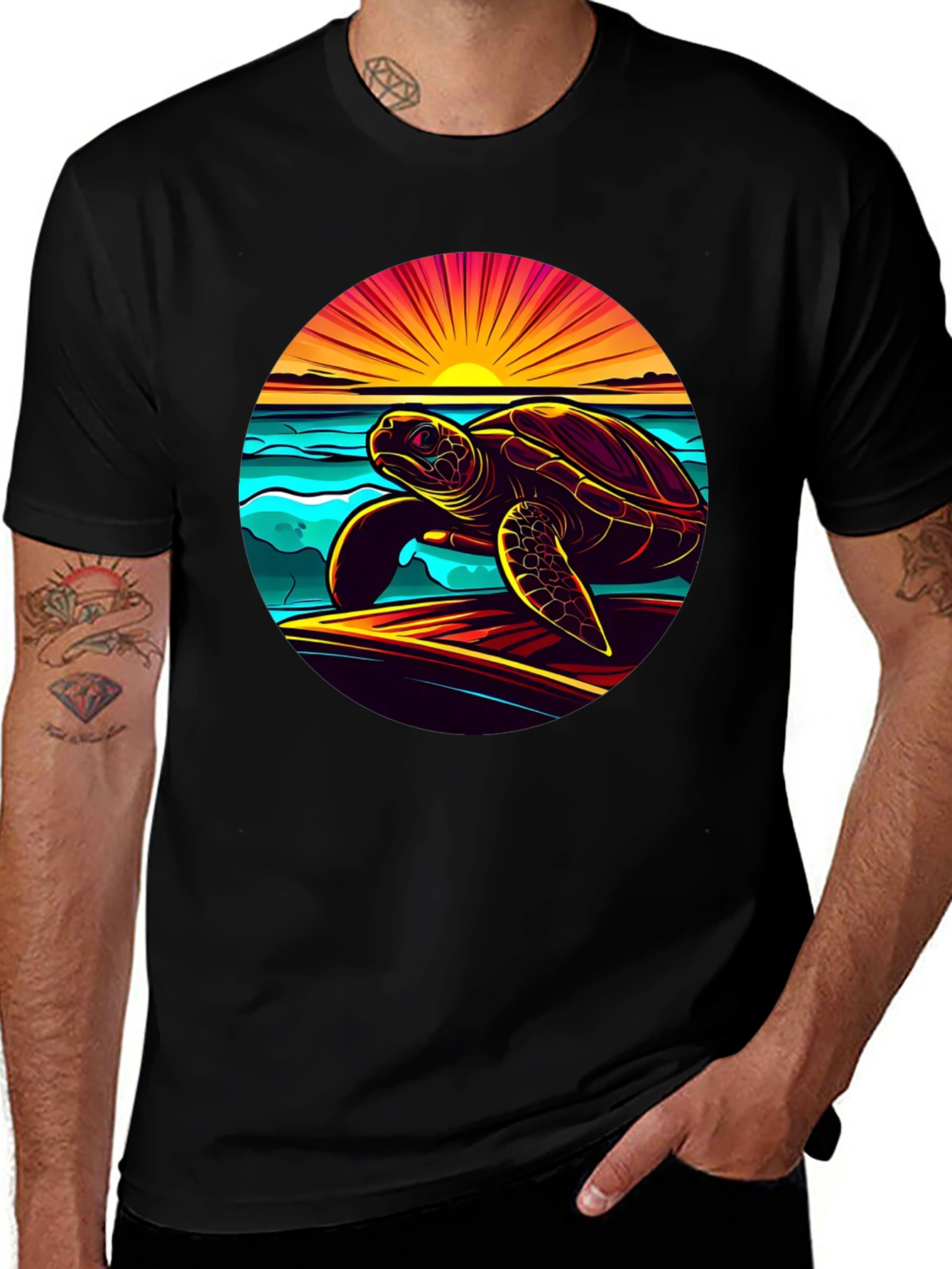 Sunset Turtle Graphic Tee - Beach Style