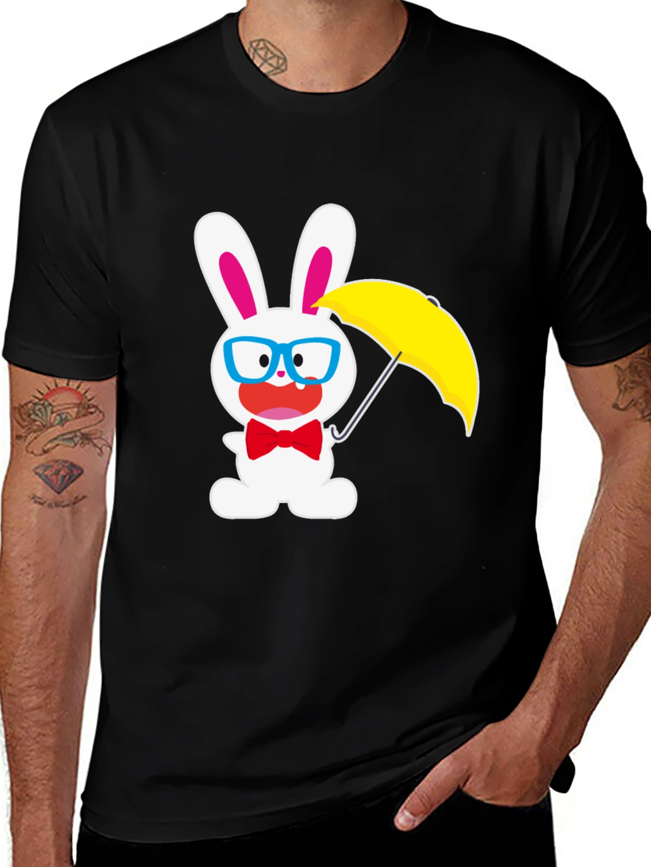 Black Funny Bunny T-Shirt: White Rabbit with Glasses & Umbrella main image