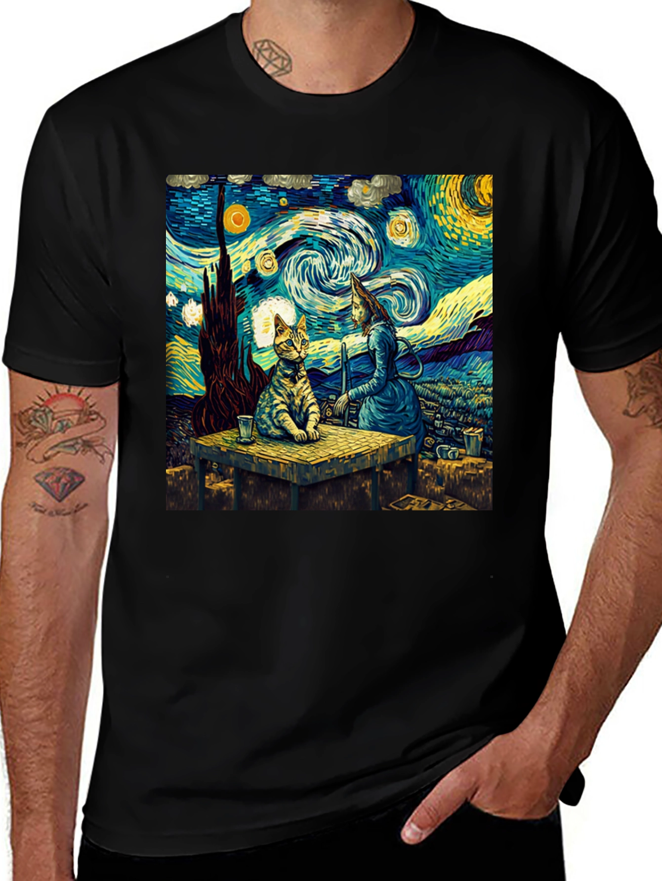 Variant 25 of Starry Night Cat T-Shirt, Artistic Print