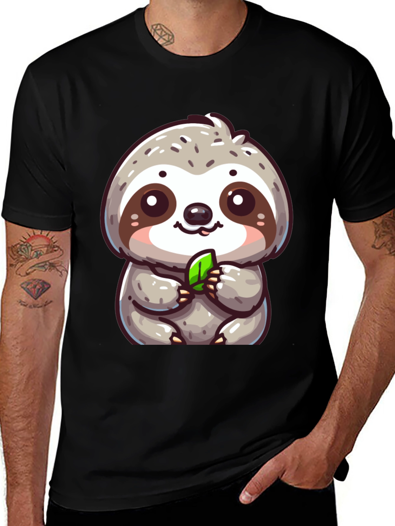 Variant 9 of Cute Sloth Graphic Tee - Black Cotton Blend