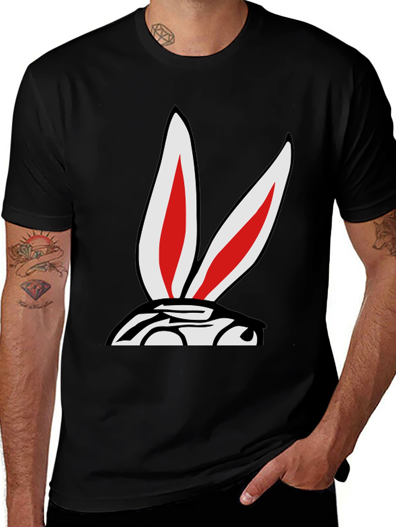 Variant 4 of Cartoon Bunny Ears Graphic Black T-Shirt