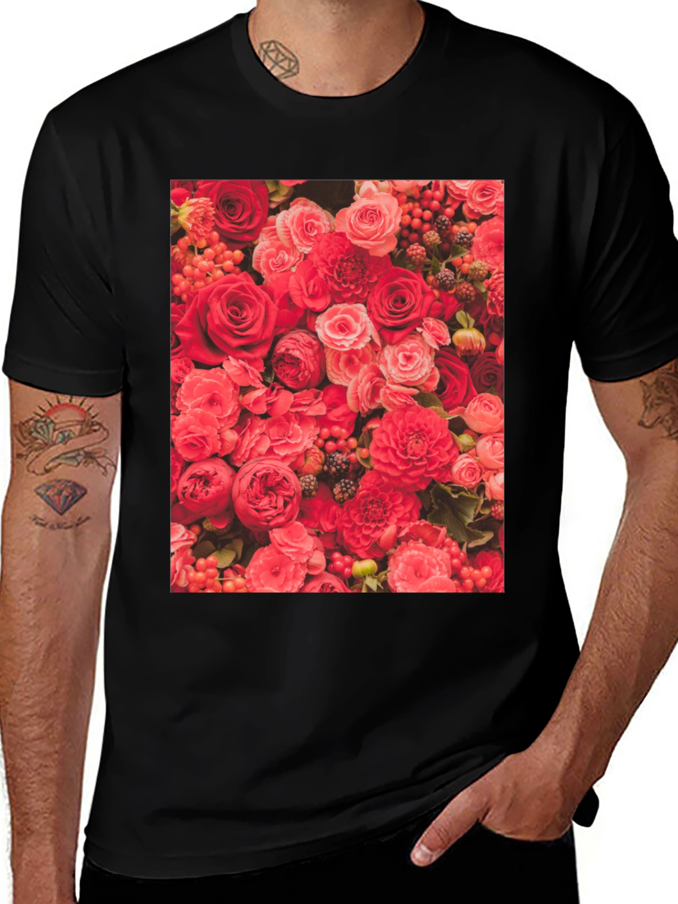 Variant 13 of Floral Print Crew Neck Tee - Red Rose Garden