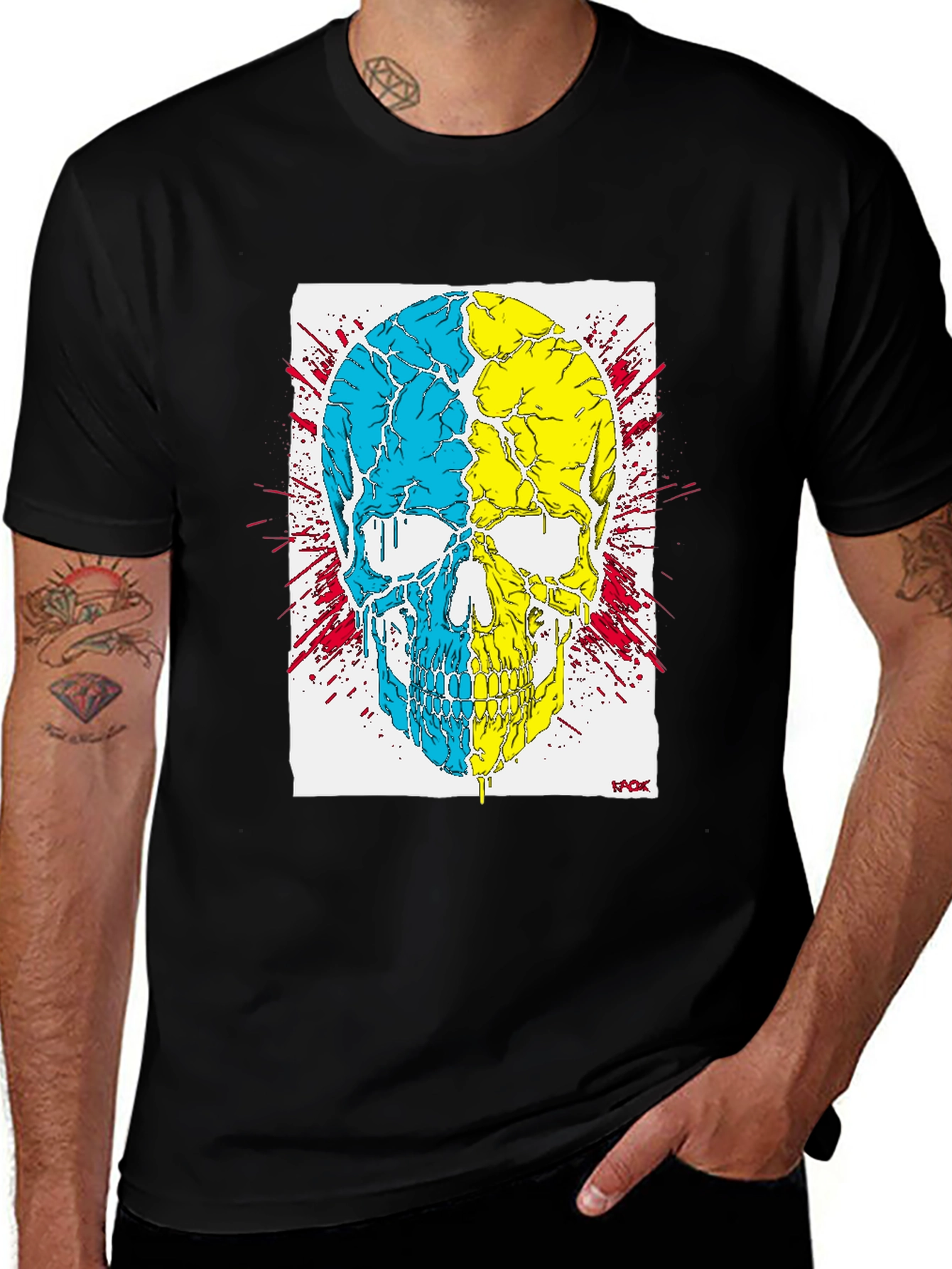 Variant 20 of Skull Graphic Tee - Blue and Yellow Split Design