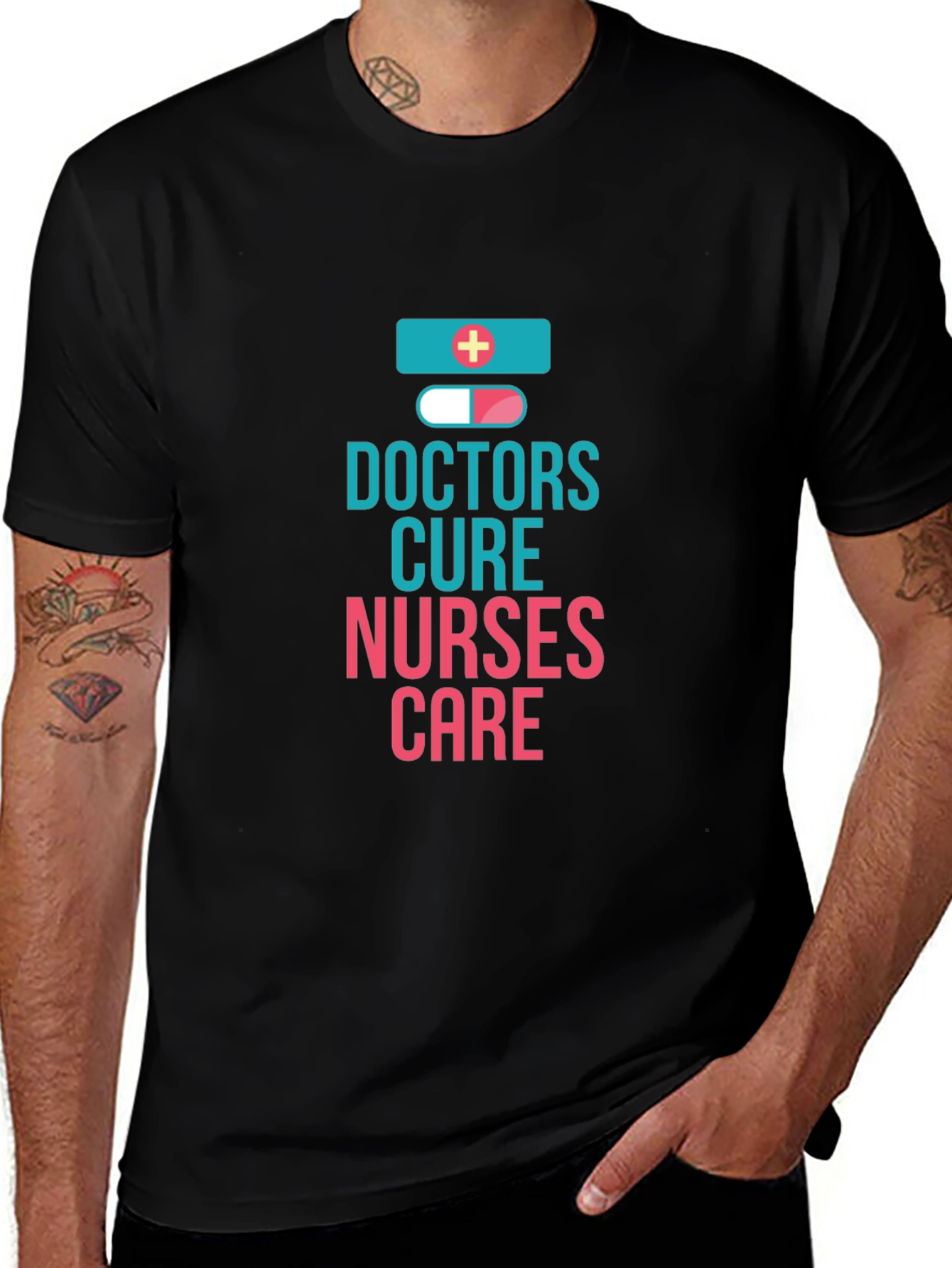 Doctors Cure Nurses Care Black Graphic Tee