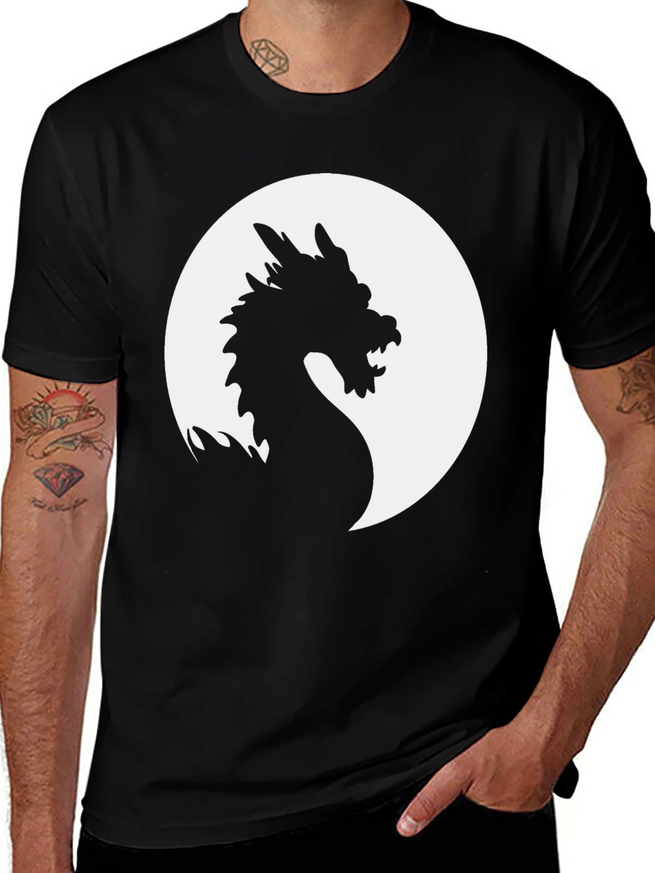 Variant 17 of Dragon Silhouette Graphic Tee - Black Cotton Shirt
