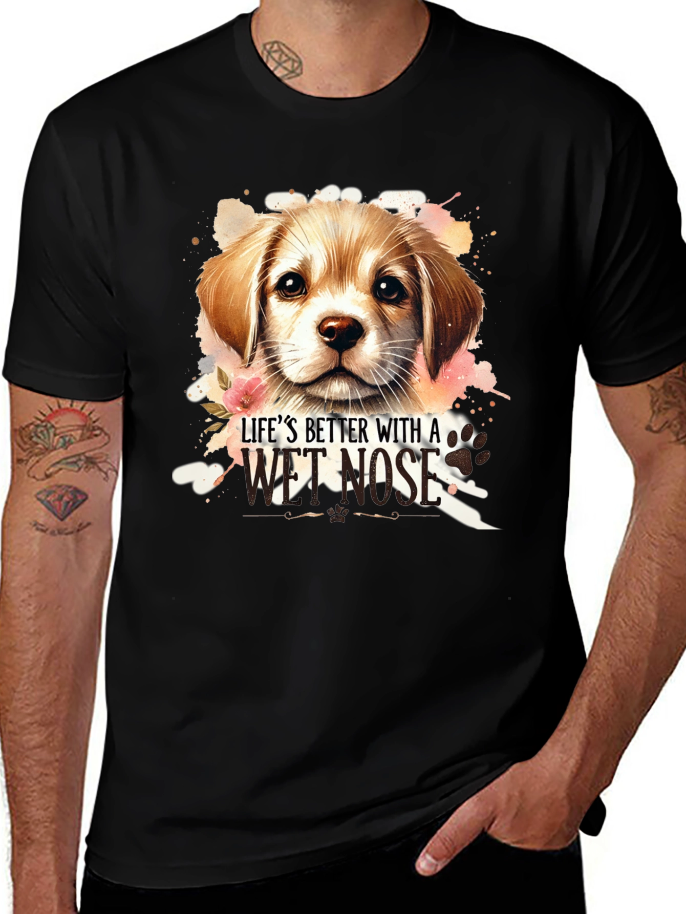 Variant 8 of Cute Dog "Wet Nose" Graphic Print Black T-Shirt