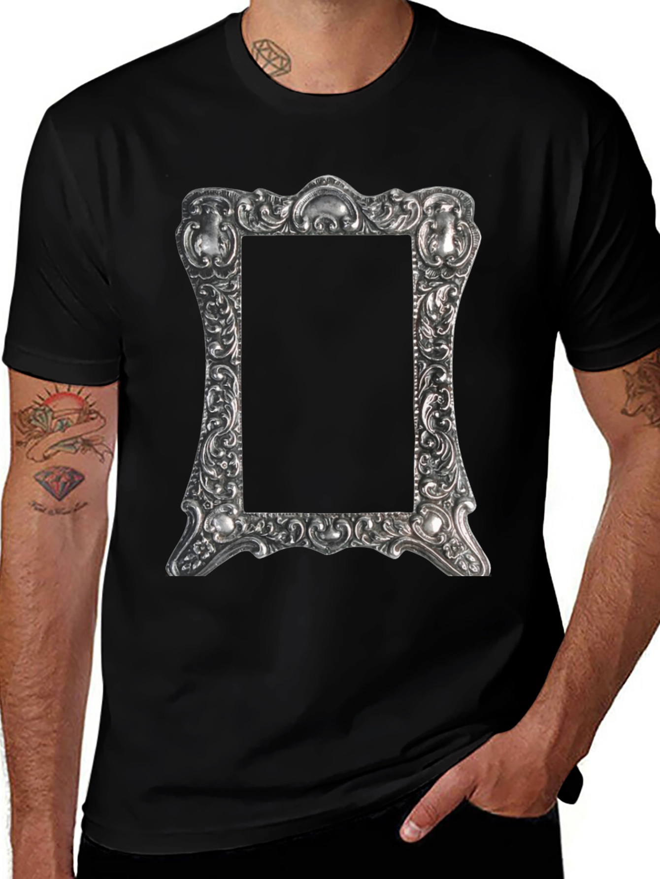 Ornate Silver Frame Graphic Black T-Shirt