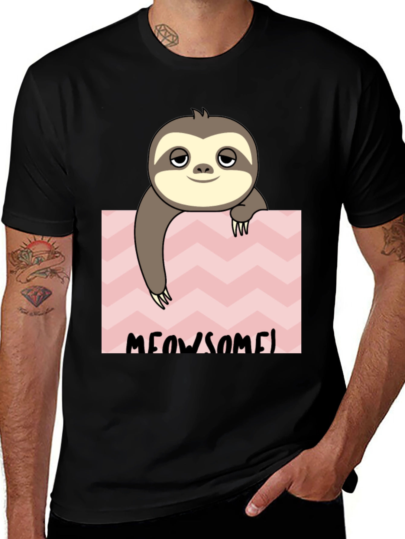 Black Meowsome Sloth Graphic Tee - Black Cotton Blend main image