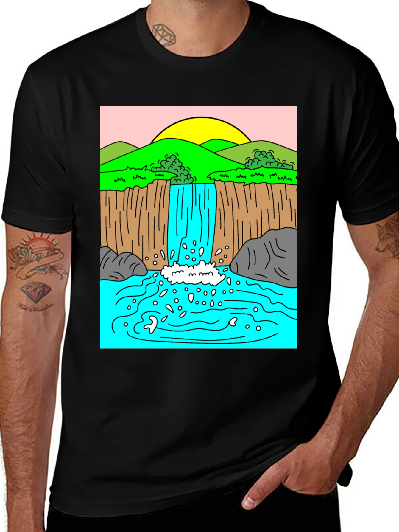 Black Waterfall Graphic Tee - Black Cotton Blend Casual T-Shirt main image