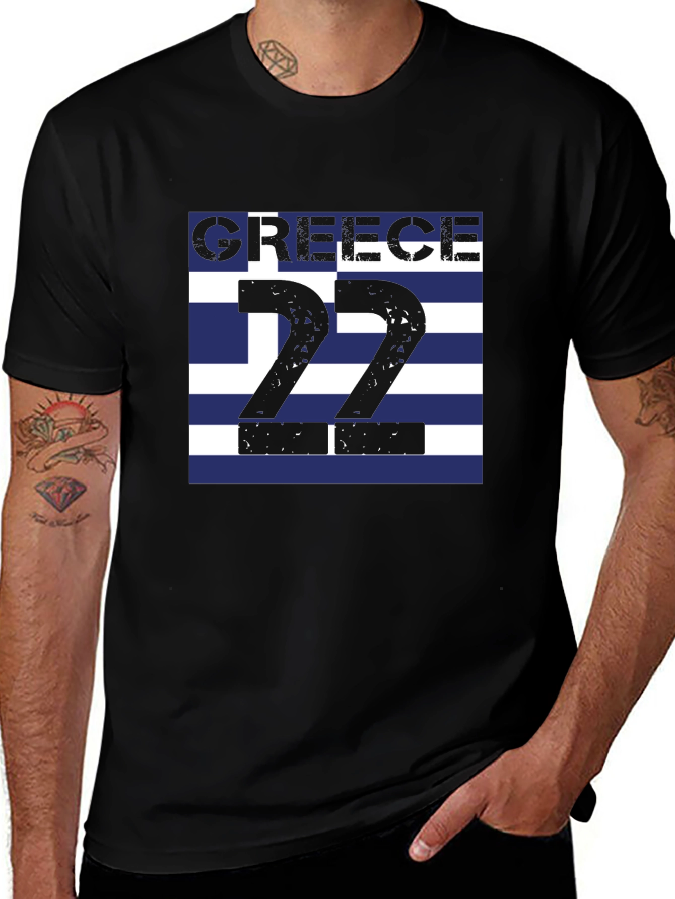 Greece Flag T-Shirt - Number 22 - Black Tee