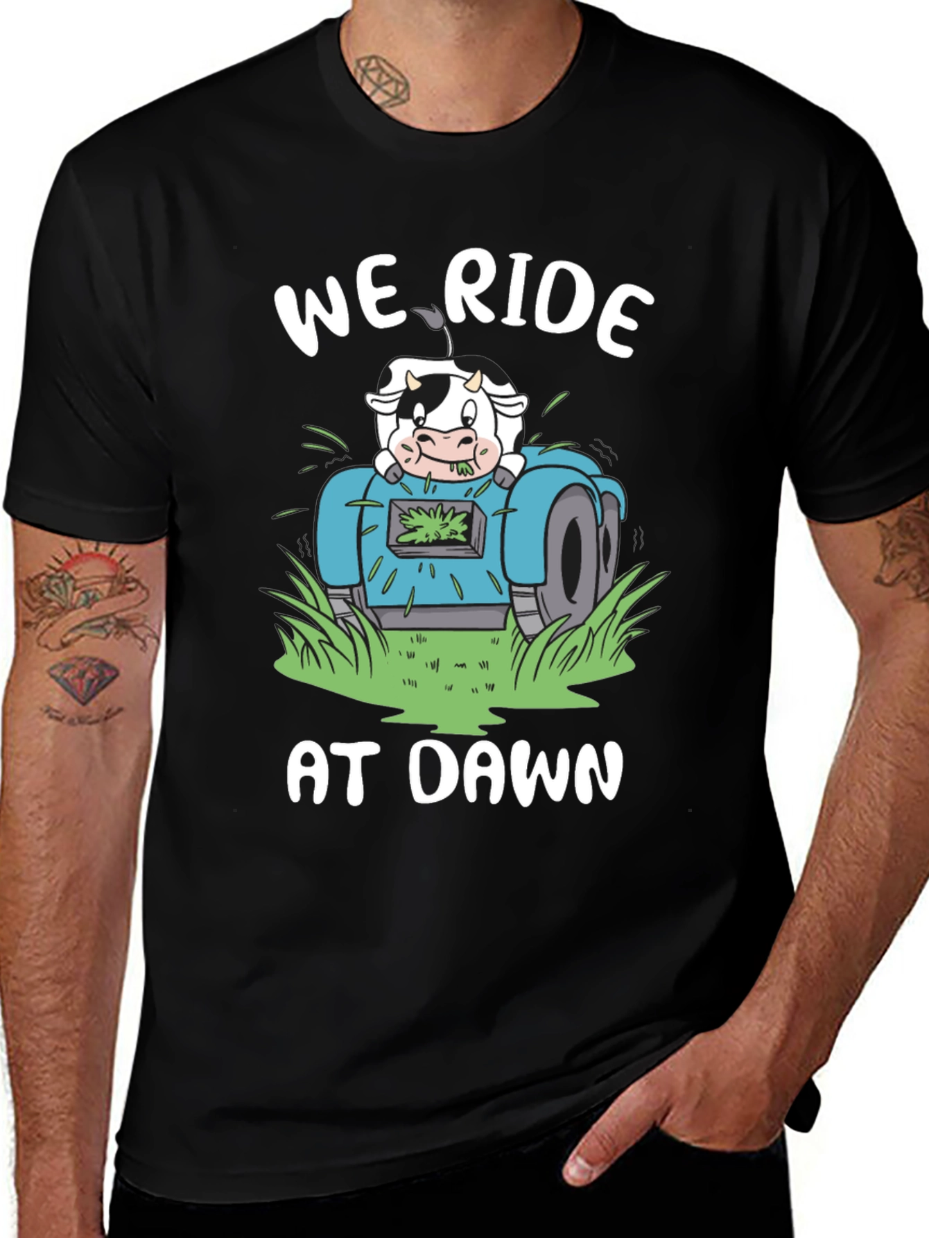 We Ride at Dawn Cow Lawn Mower T-Shirt