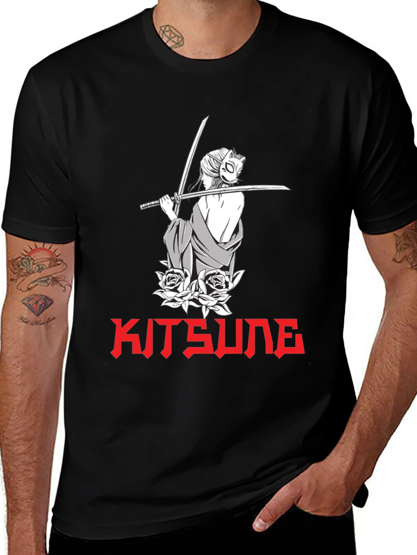 Kitsune Anime T-Shirt - Black Cotton