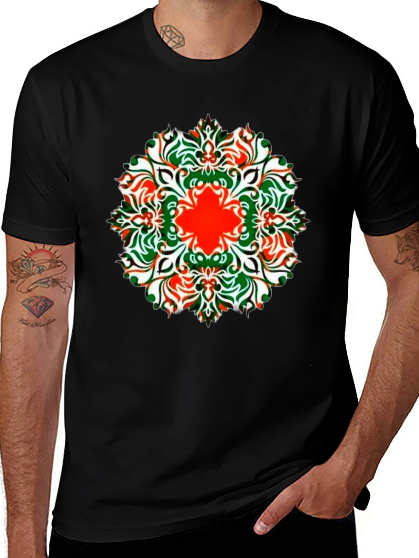 Black Stylish Black Tee with Colorful Mandala Design main image
