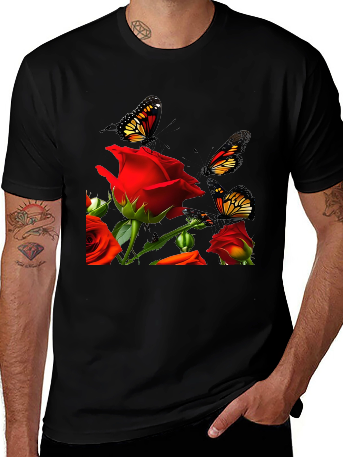 Variant 23 of Rose & Butterfly Graphic Tee - Stylish Black T-Shirt