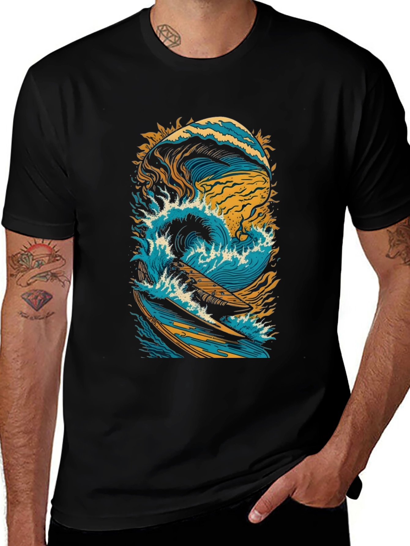 Variant 26 of Surfing Wave Graphic Tee - Black Cotton Shirt