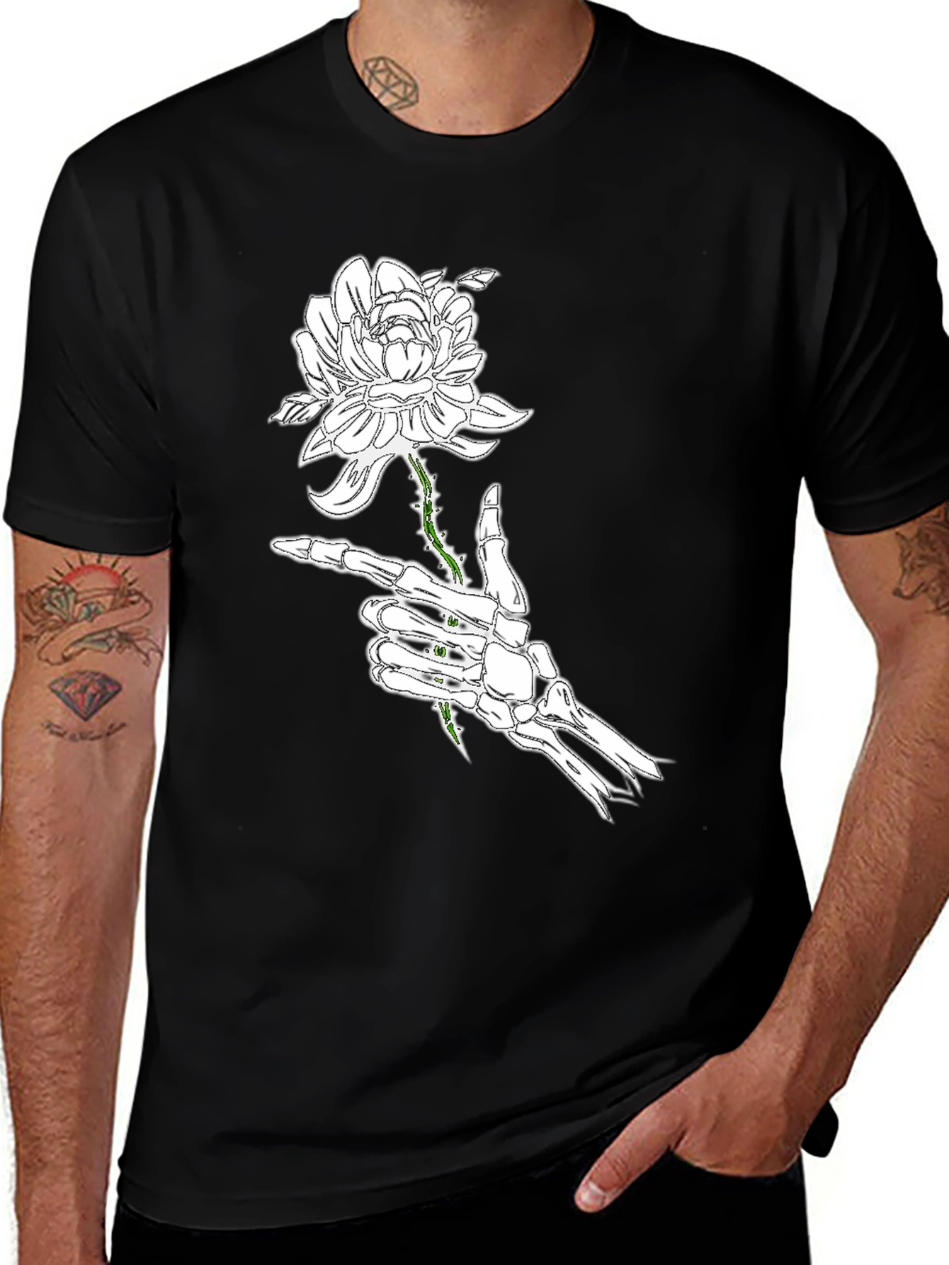 Variant 28 of Skeleton Hand Rose Black Graphic Tee
