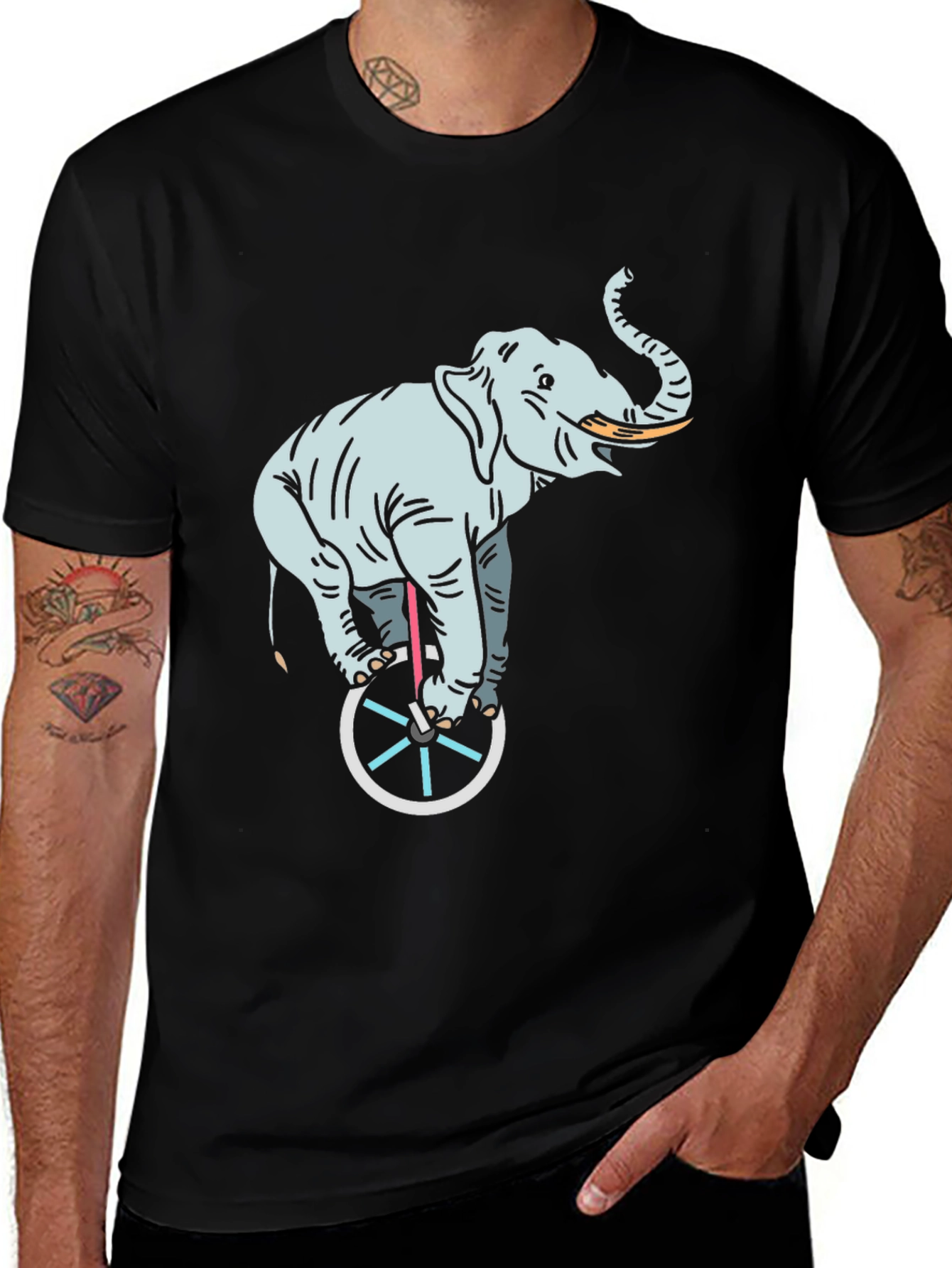Variant 21 of Elephant on Unicycle Graphic Tee - Black Cotton