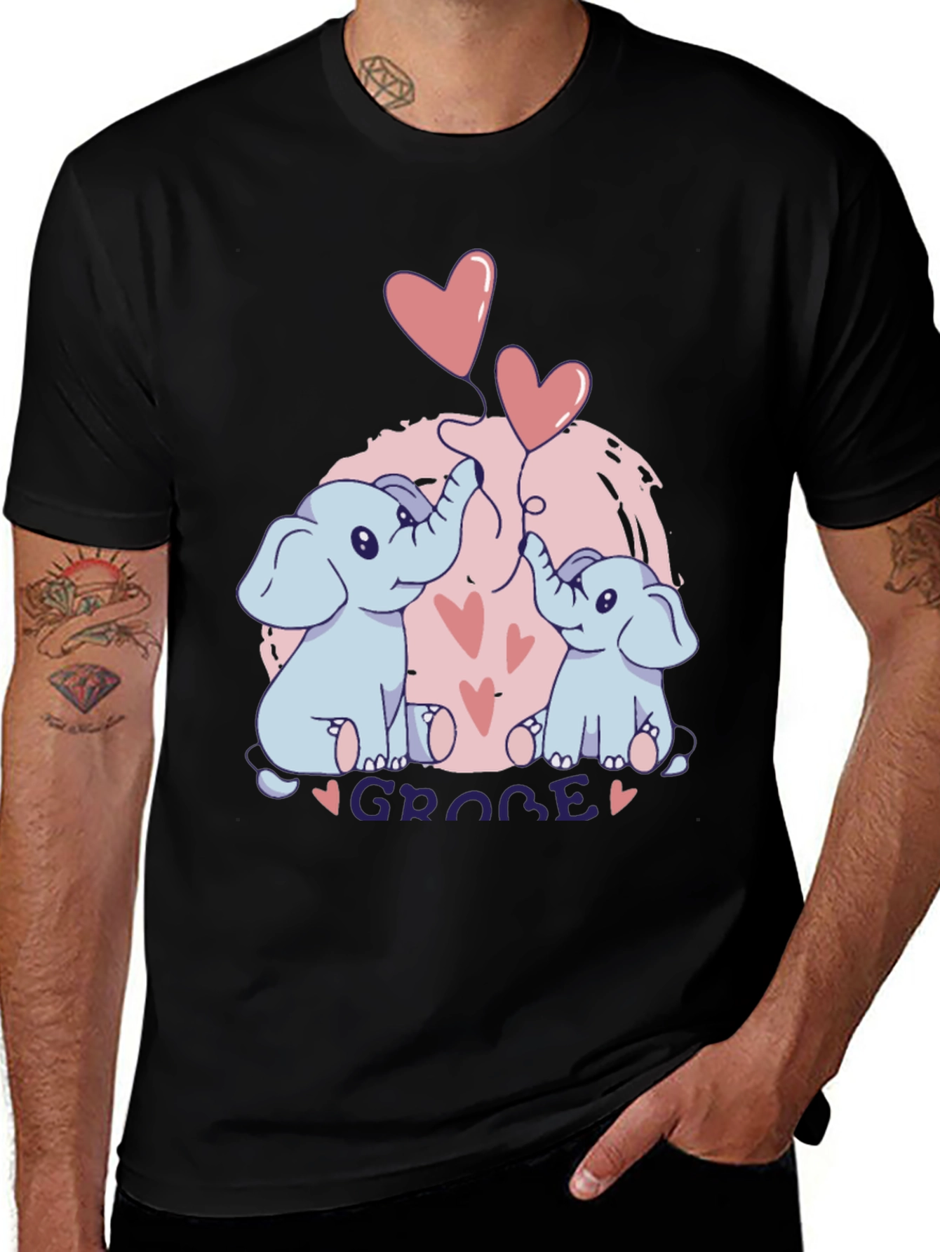 Variant 15 of Elephant Love T-Shirt - "GROBE" Design Black Tee