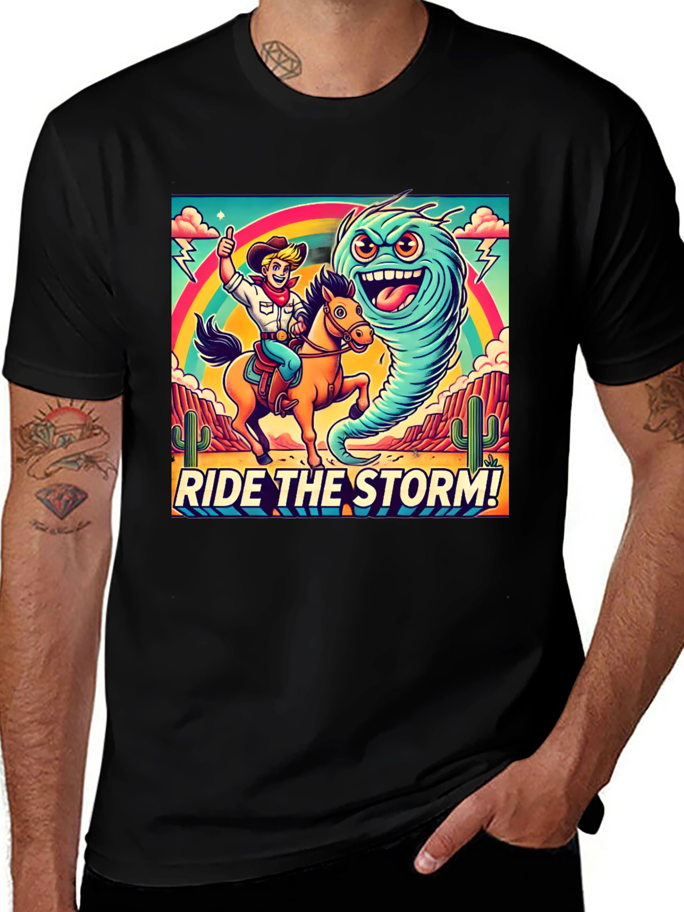 Ride the Storm Graphic Tee - Cowboy and Tornado Design