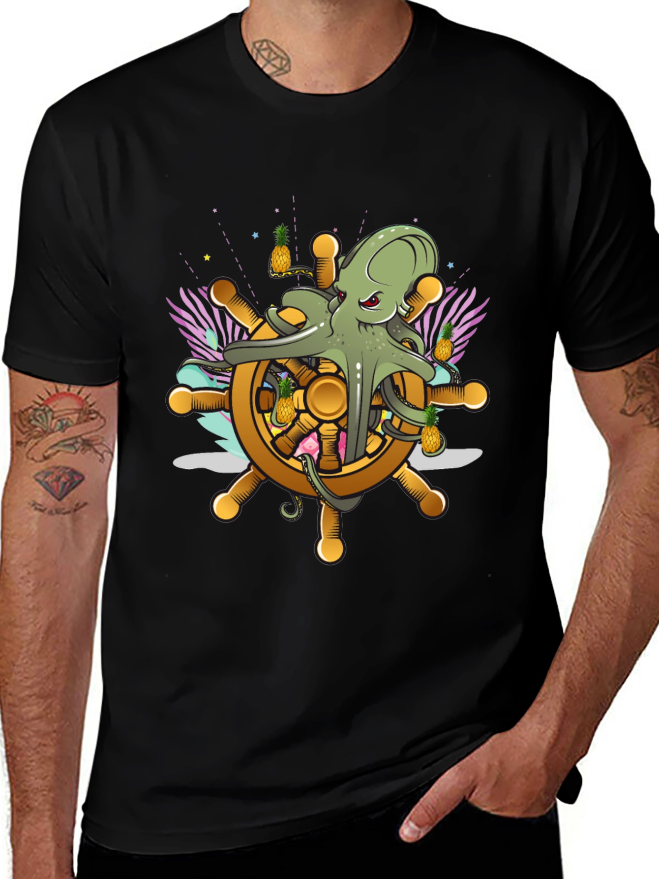 Black Octopus Ship Wheel Graphic Tee - Nautical T-Shirt main image