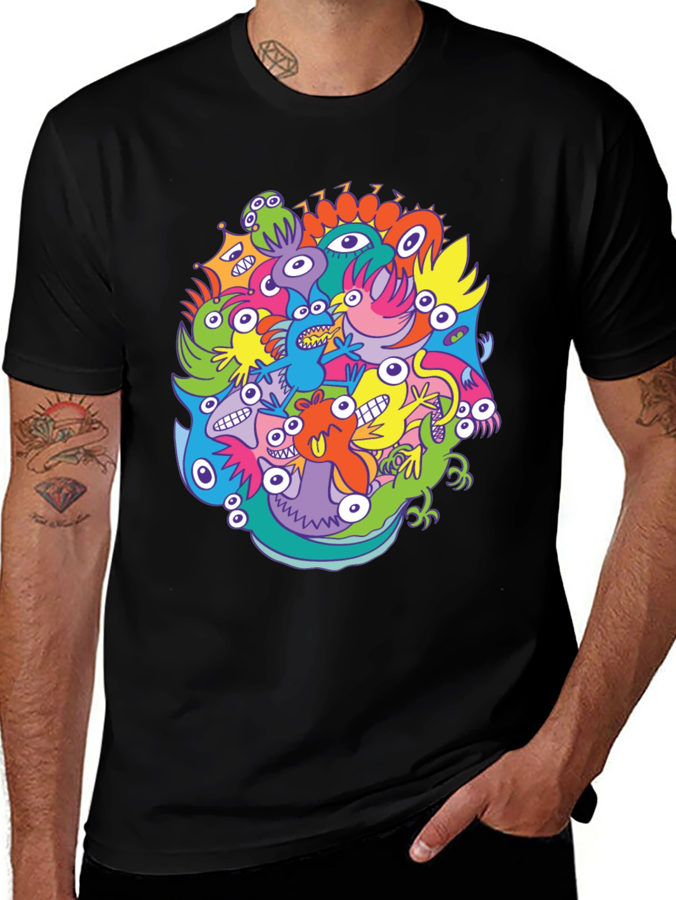 Variant 19 of Men's Black T-Shirt with Colorful Monster Graphic