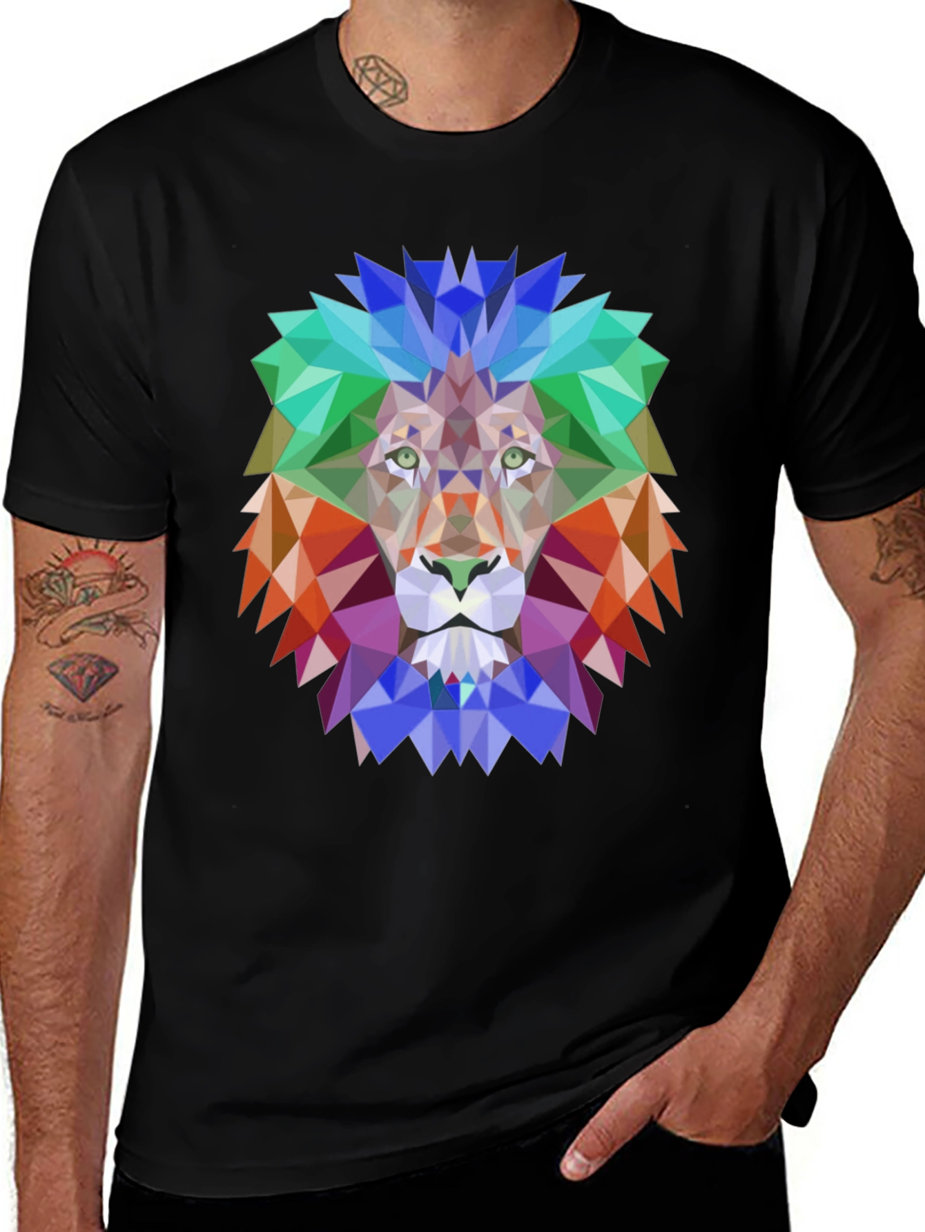 Variant 18 of Geometric Lion Graphic Tee - Bold Design, Black Shirt