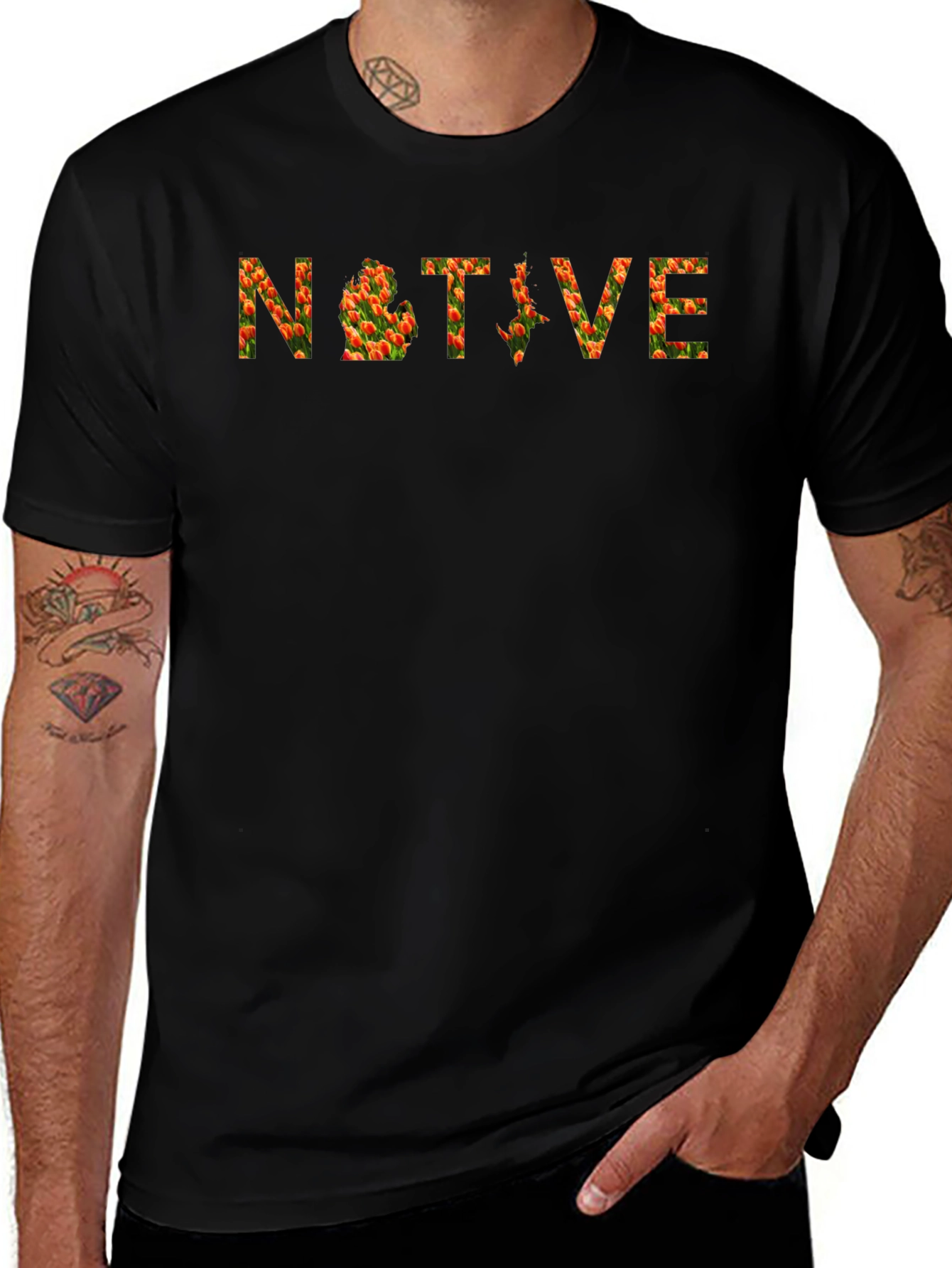 Black Native Flower Print Crew Neck T-Shirt main image