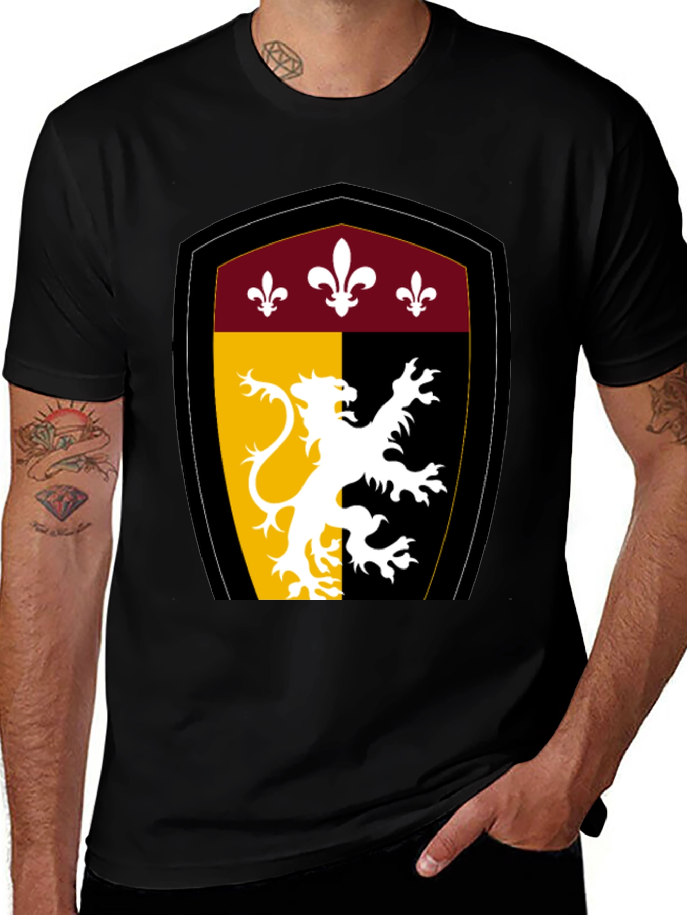 Variant 24 of Black T-Shirt with Heraldic Lion Crest Design