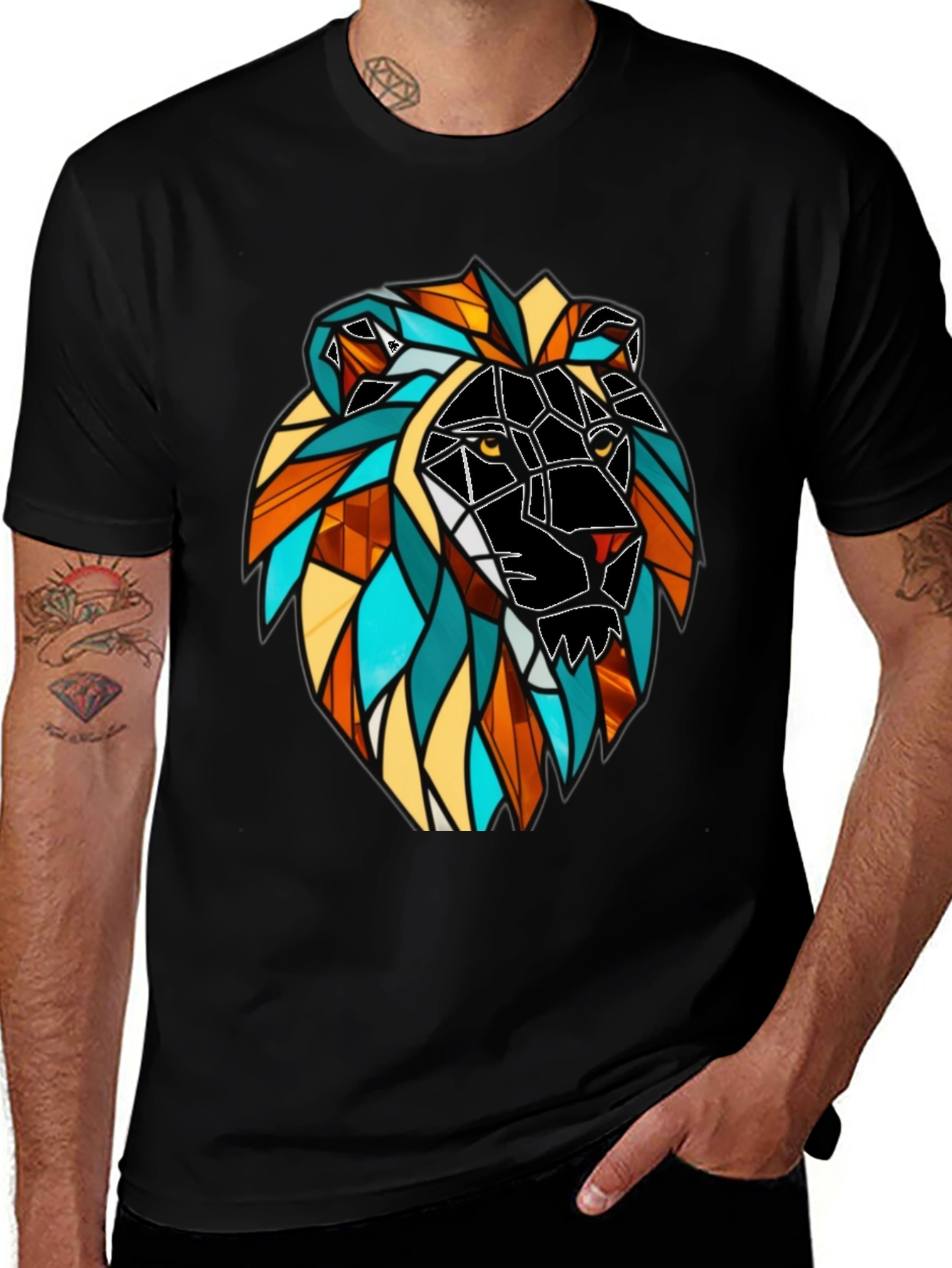 Geometric Lion Graphic Black T-Shirt