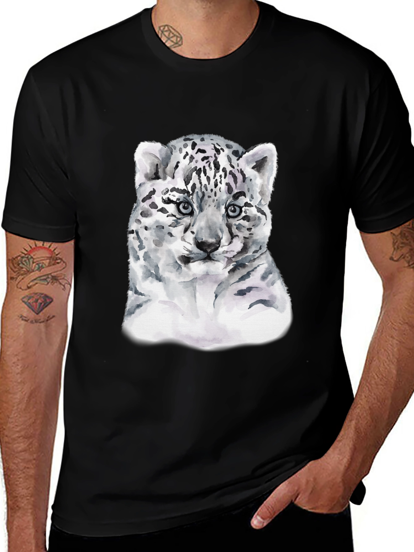 Variant 20 of Snow Leopard Cub Graphic Tee - Black Cotton T-Shirt