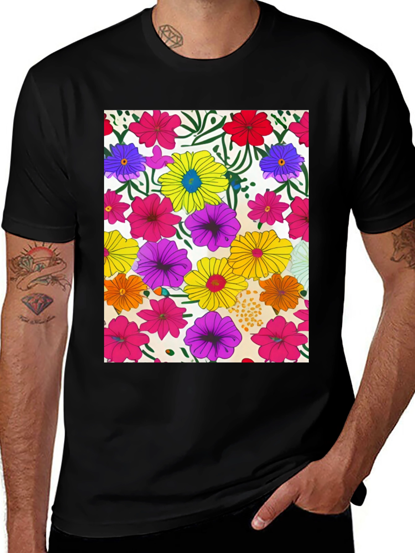 Variant 29 of Floral Pattern Black Tee - Vivid Garden Print