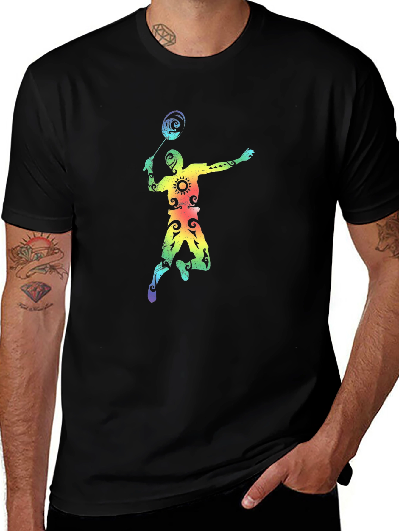Variant 9 of Rainbow Badminton Player Graphic Tee