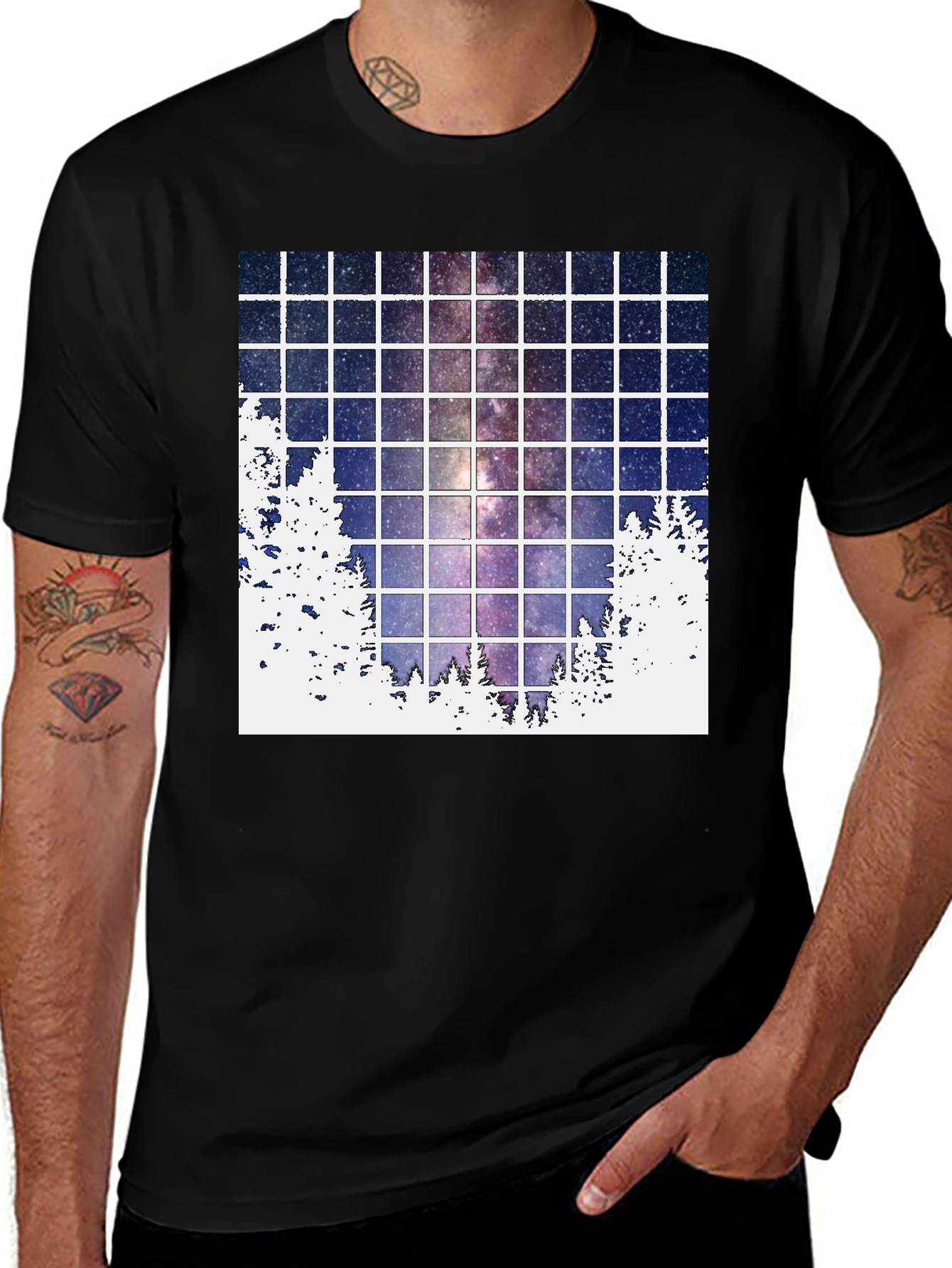 Variant 23 of Galaxy Grid T-Shirt: Night Sky Forest Tee