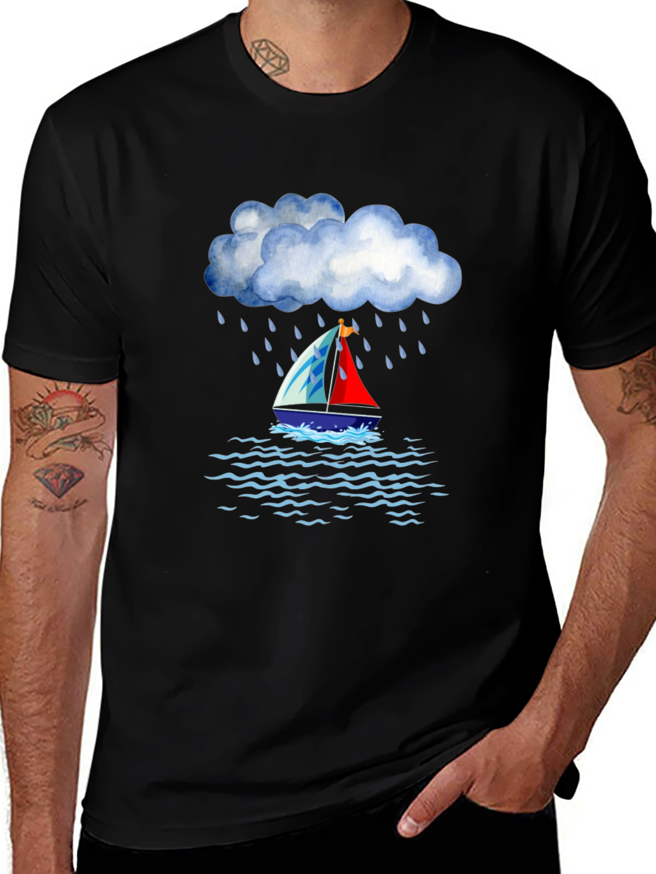 Variant 10 of Rainy Day Sailboat Graphic Tee - Black Cotton T-Shirt