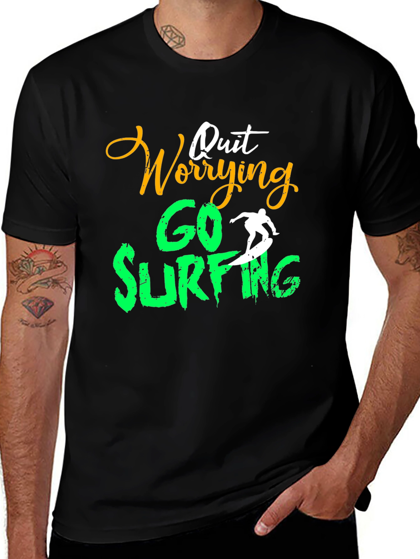 Variant 26 of Quit Worrying Go Surfing Black Graphic T-Shirt