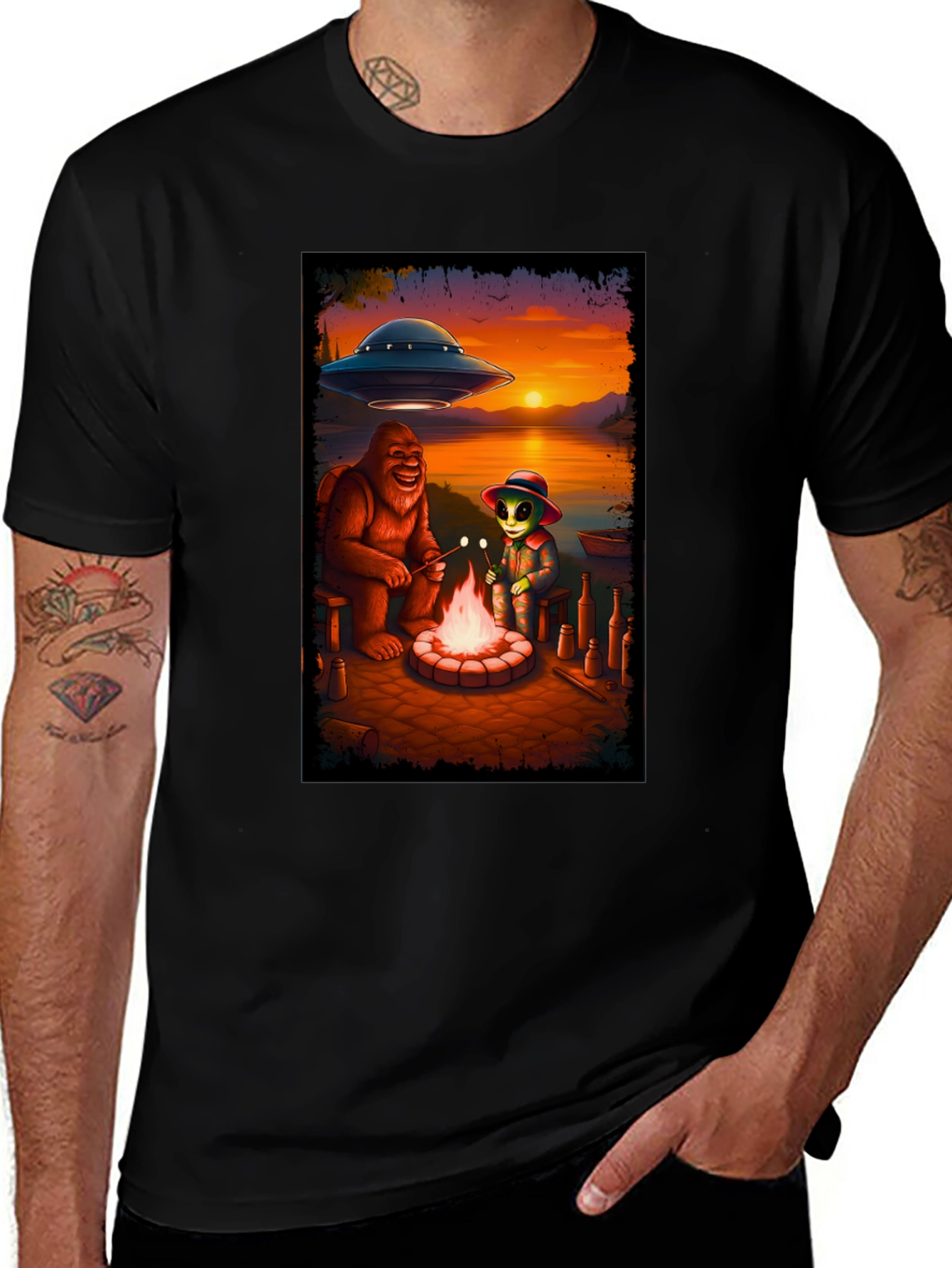 Variant 3 of Bigfoot & Alien Campfire Graphic Tee