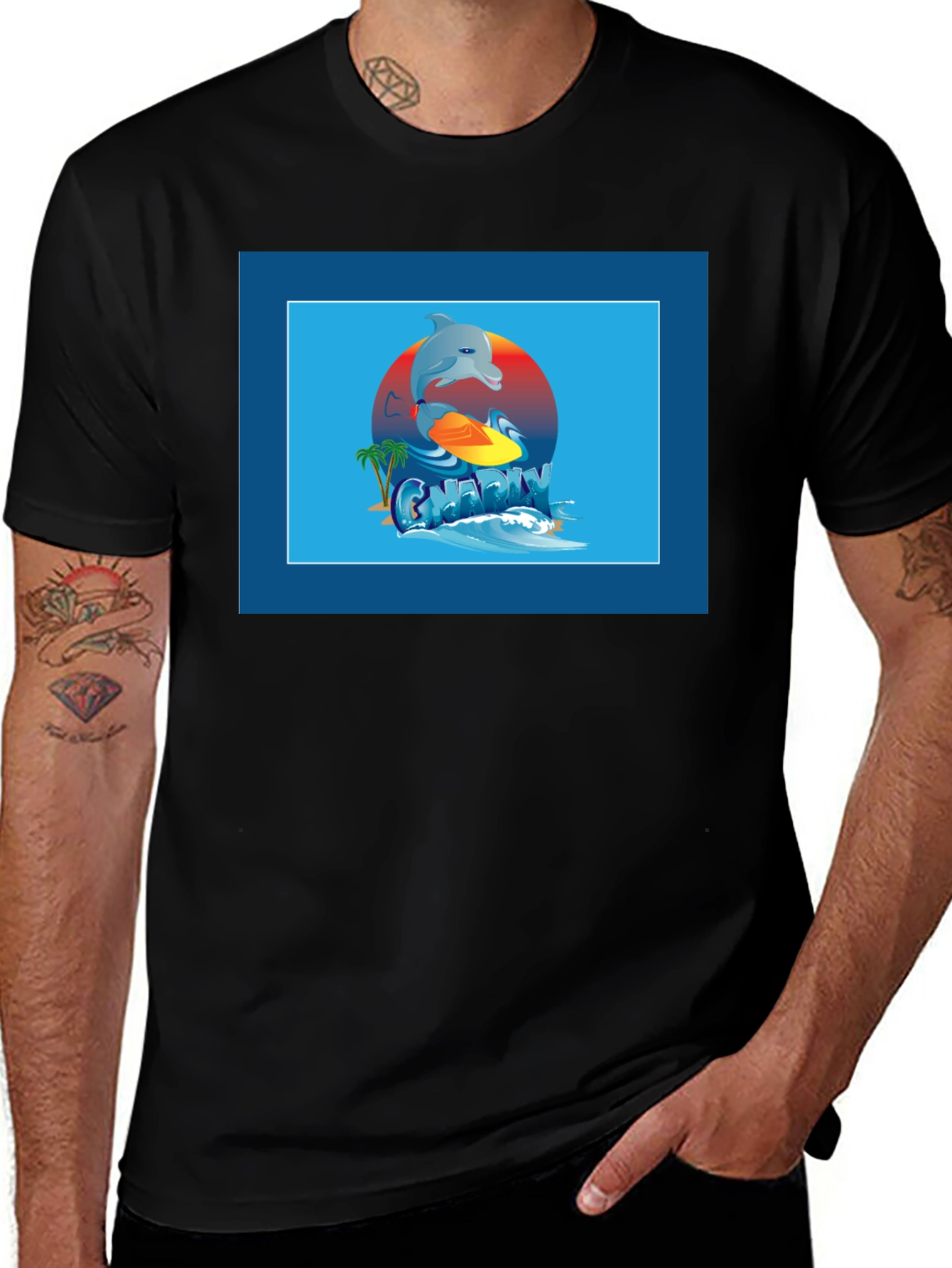 Variant 28 of Surfing Dolphin Graphic Tee - Black