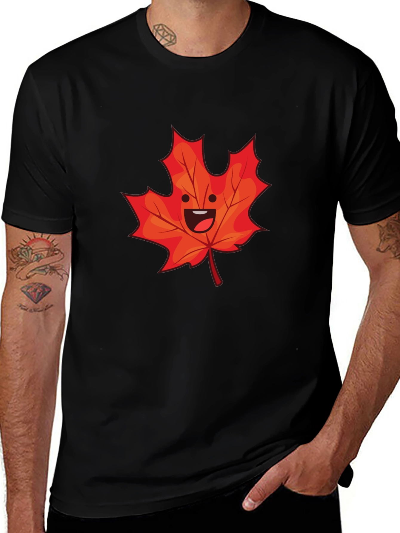 Variant 26 of Happy Maple Leaf Graphic Tee - Black Cotton Shirt
