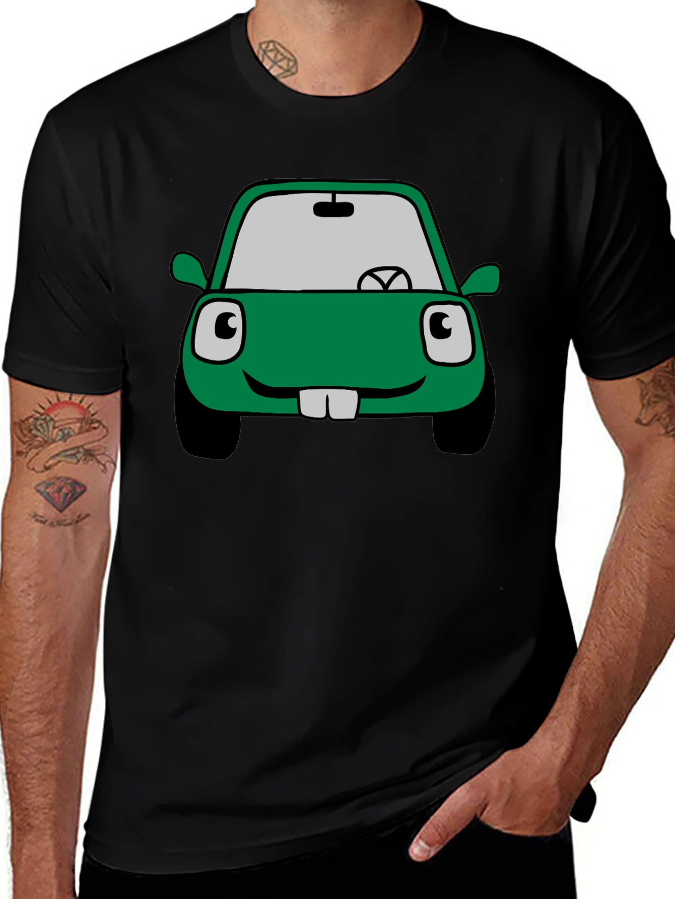Variant 4 of Cartoon Car Graphic Tee - Black Cotton T-Shirt