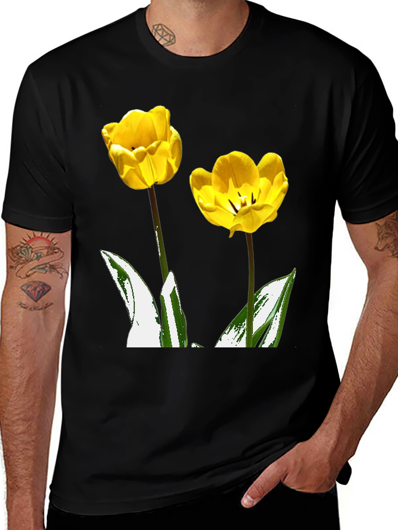 Variant 12 of Yellow Tulip Flower Graphic Black T-Shirt
